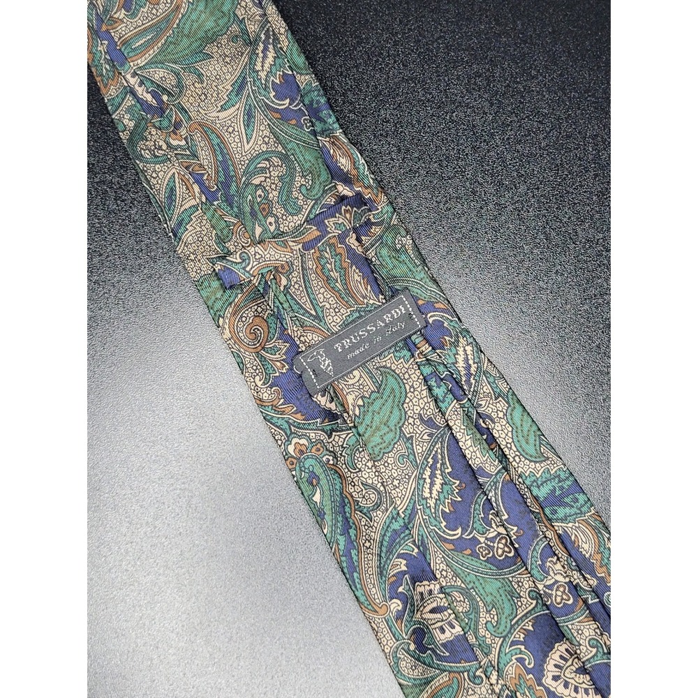 Trussardi Necktie Green Blue Tan Paisley 100% Silk Italy Excellent